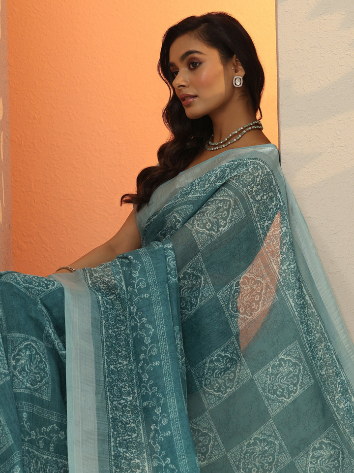 Blue Baluchari Printed Cotton Blend Saree With Unstitched Blouse Piece