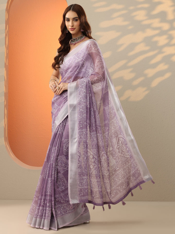 Lavender Printed Cotton Blend Saree With Unstitched Blouse Piece