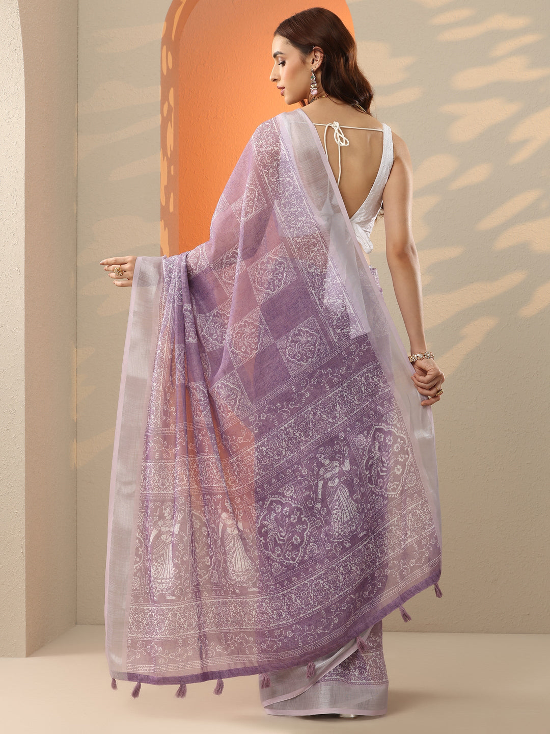 Lavender Printed Cotton Blend Saree With Unstitched Blouse Piece