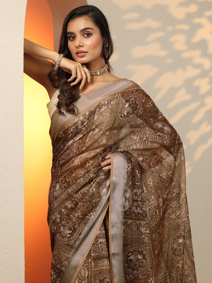 Brown Printed Cotton Blend Saree With Unstitched Blouse Piece