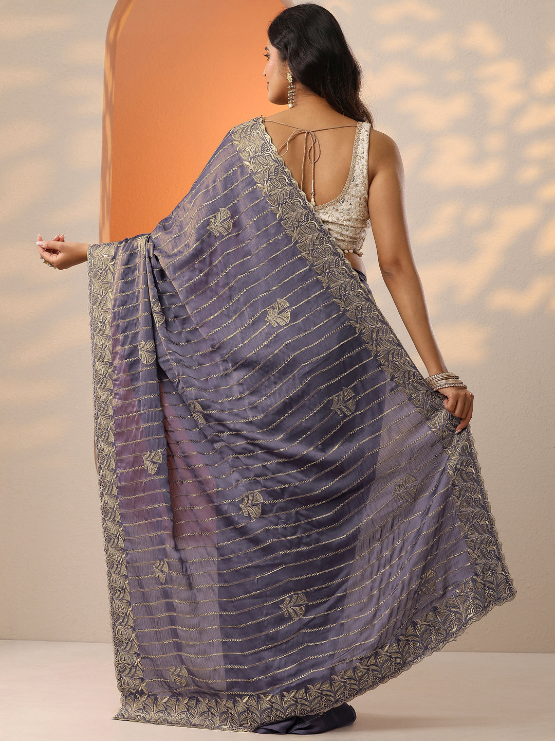Purple Embellished Chinon Saree With Unstitched Blouse Piece