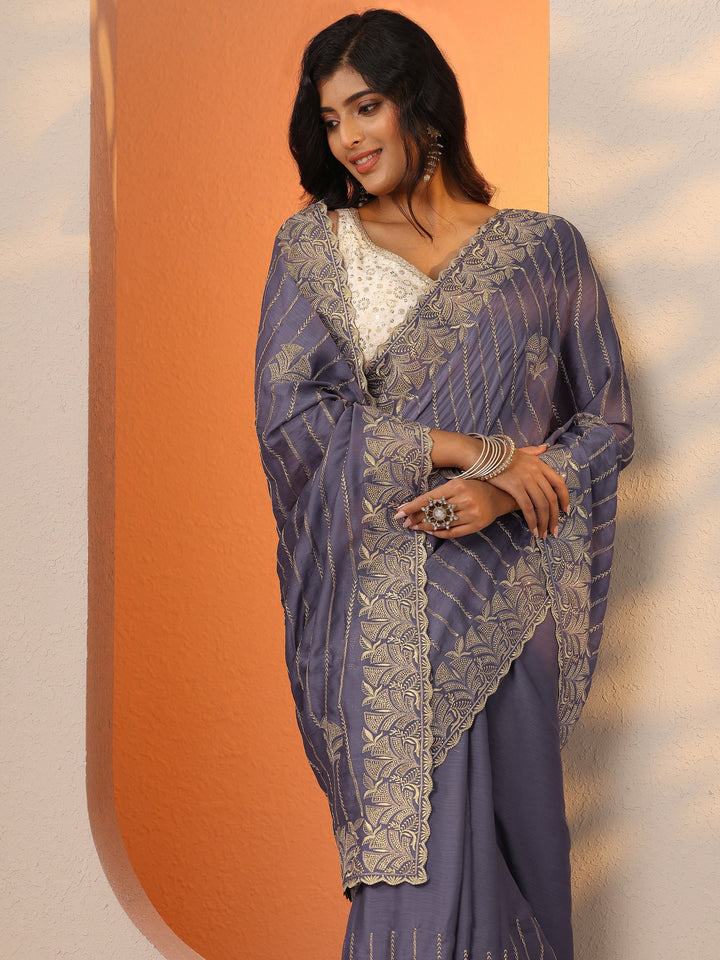 Purple Embellished Chinon Saree With Unstitched Blouse Piece