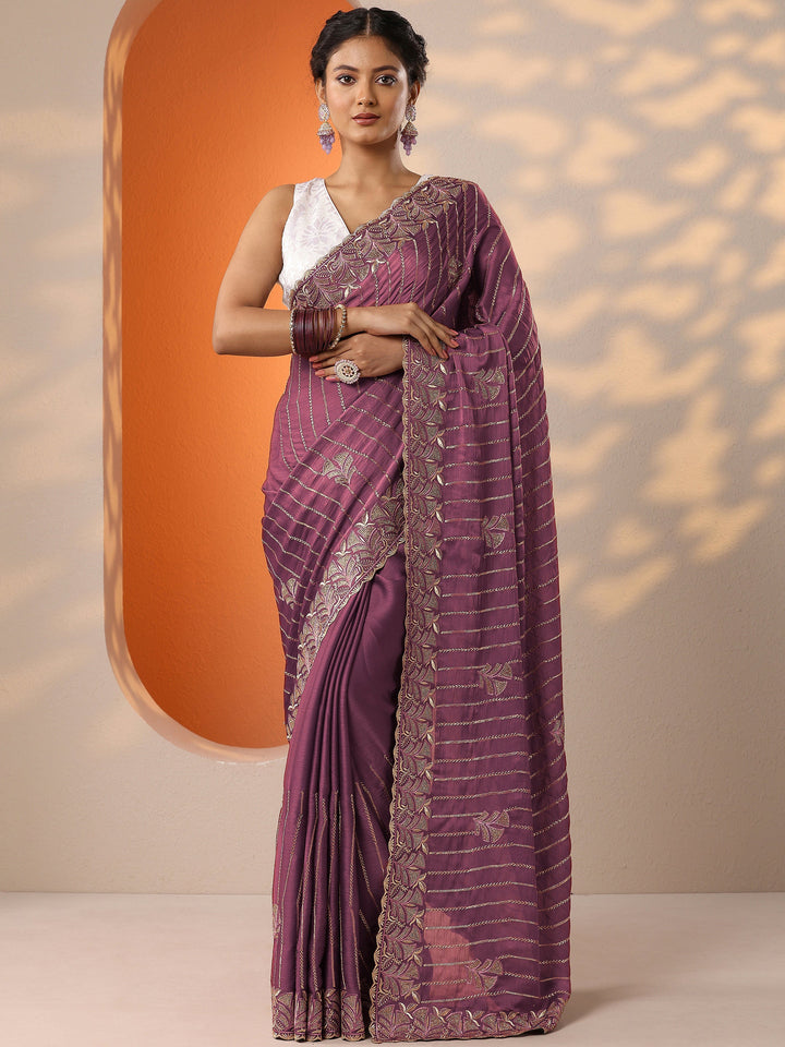 Mauve Embellished Chinon Saree With Unstitched Blouse Piece