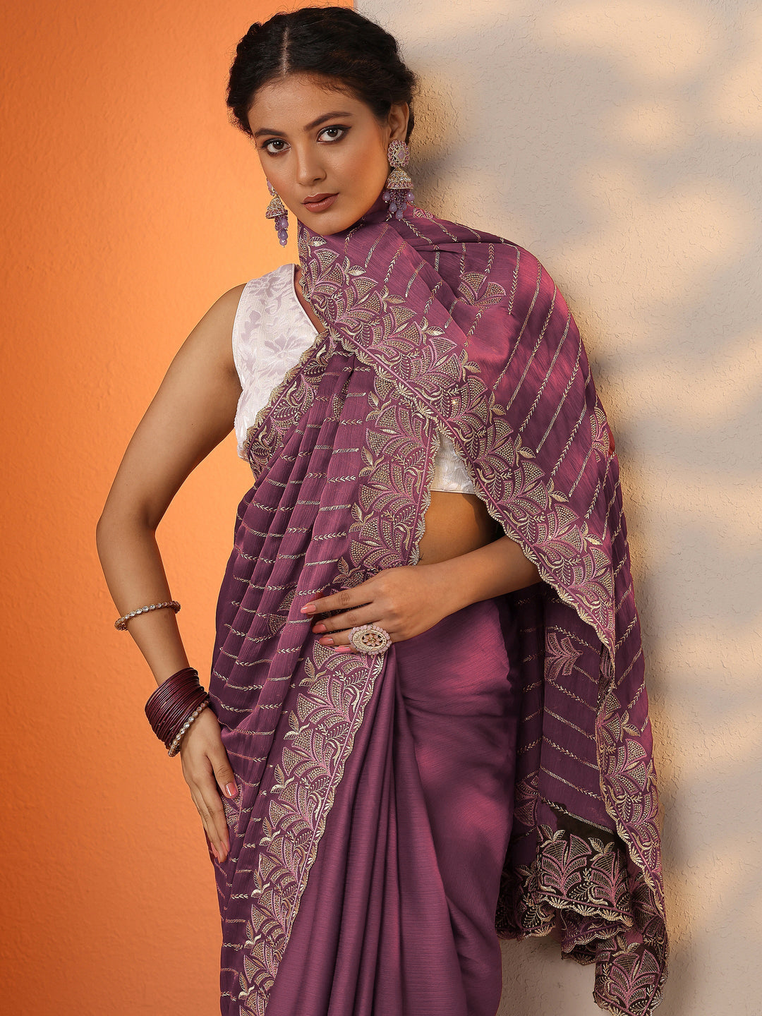 Mauve Embellished Chinon Saree With Unstitched Blouse Piece