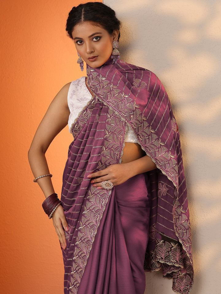Mauve Embellished Chinon Saree With Unstitched Blouse Piece