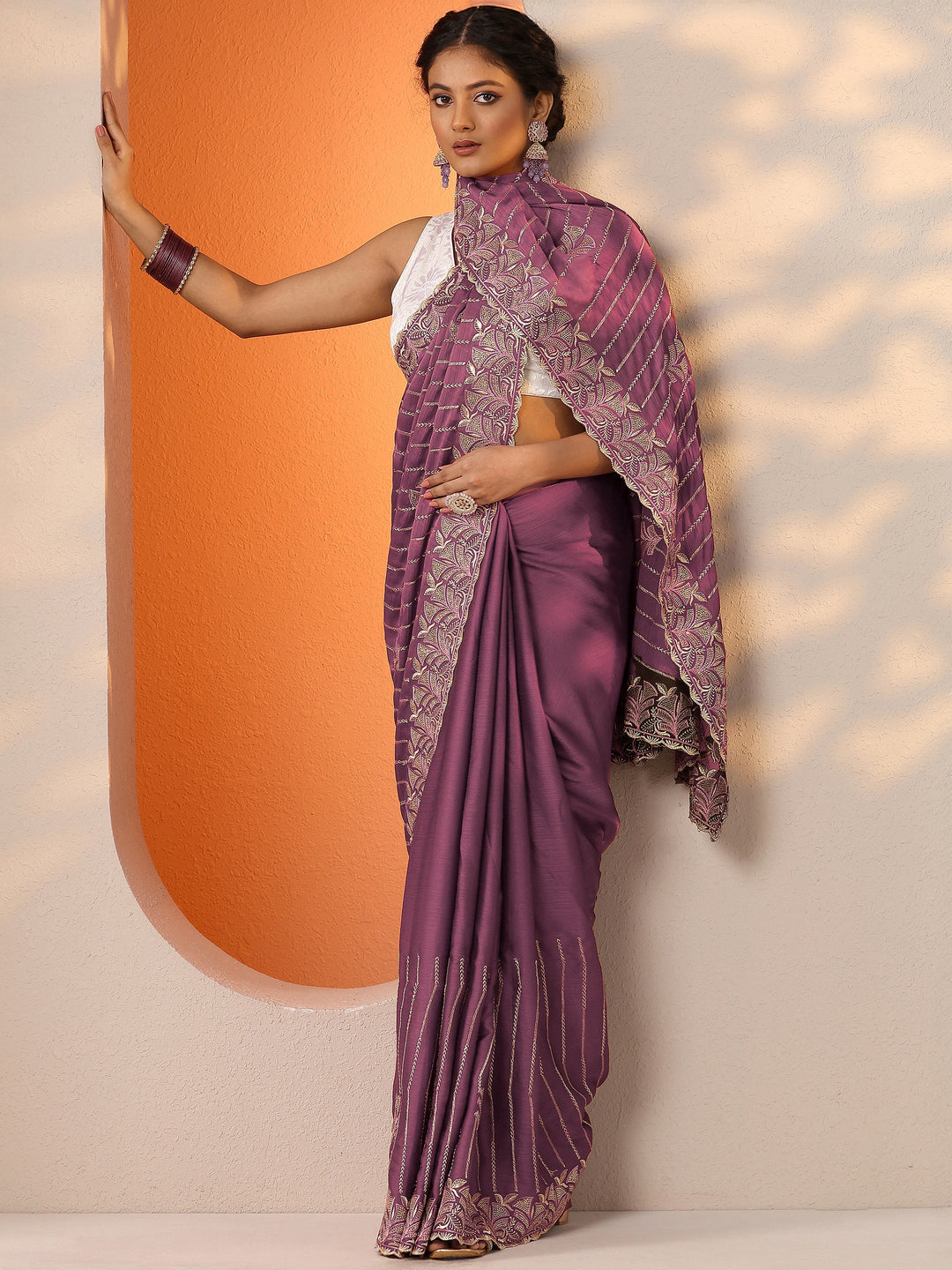 Mauve Embellished Chinon Saree With Unstitched Blouse Piece