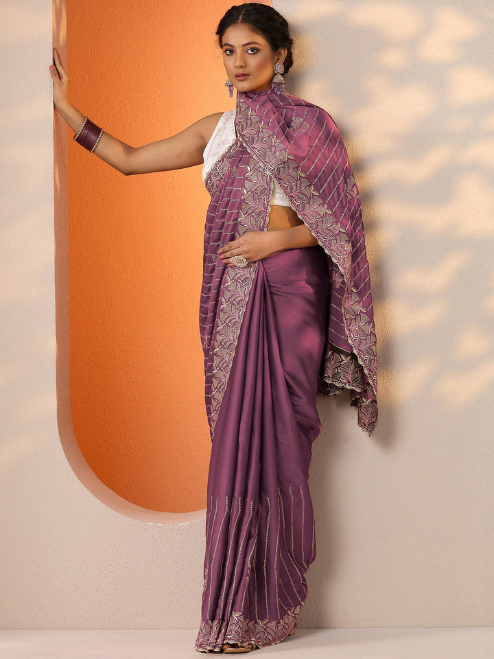 Mauve Embellished Chinon Saree With Unstitched Blouse Piece