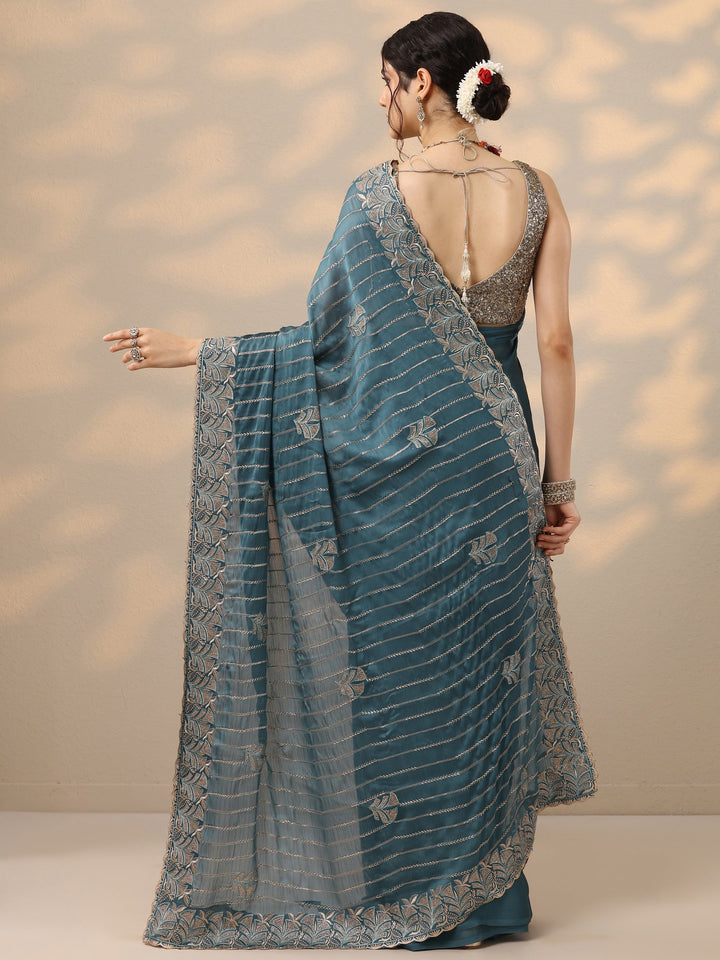 Blue Embellished Banarasi Chinon Saree With Unstitched Blouse Piece