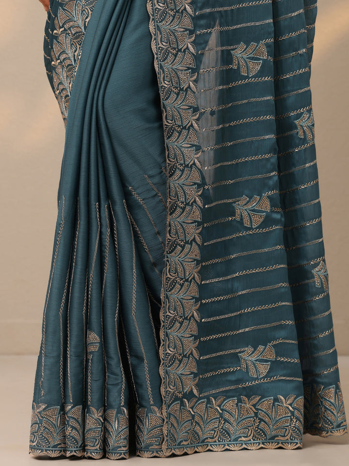 Blue Embellished Banarasi Chinon Saree With Unstitched Blouse Piece