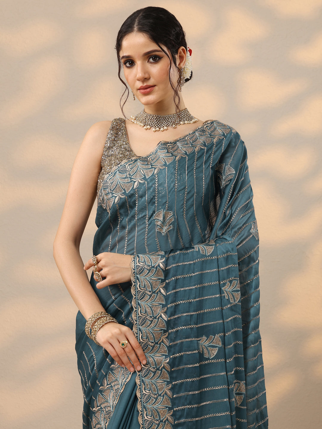 Blue Embellished Banarasi Chinon Saree With Unstitched Blouse Piece