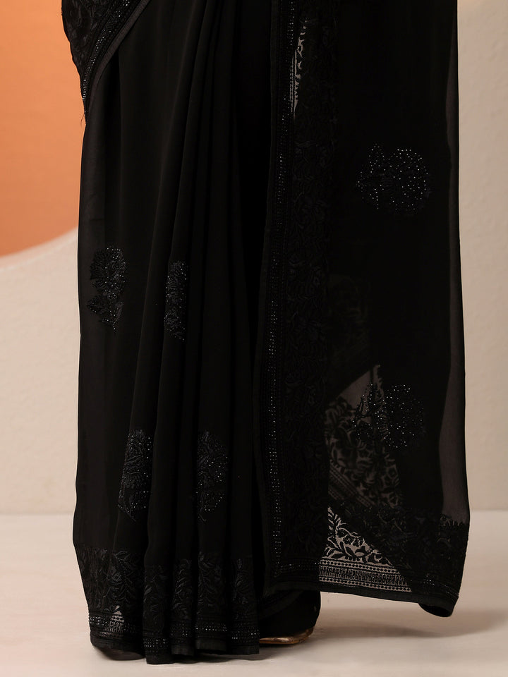 Black Embroidered Chinon Saree With Unstitched Blouse Piece