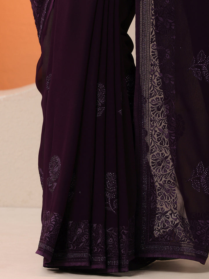 Purple Embroidered Georgette Saree With Unstitched Blouse Piece
