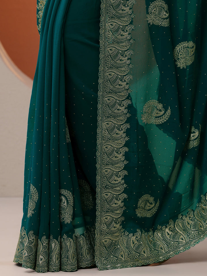 Blue Embroidered Georgette Saree With Unstitched Blouse Piece