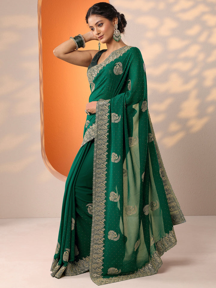 Green Embroidered Georgette Saree With Unstitched Blouse Piece