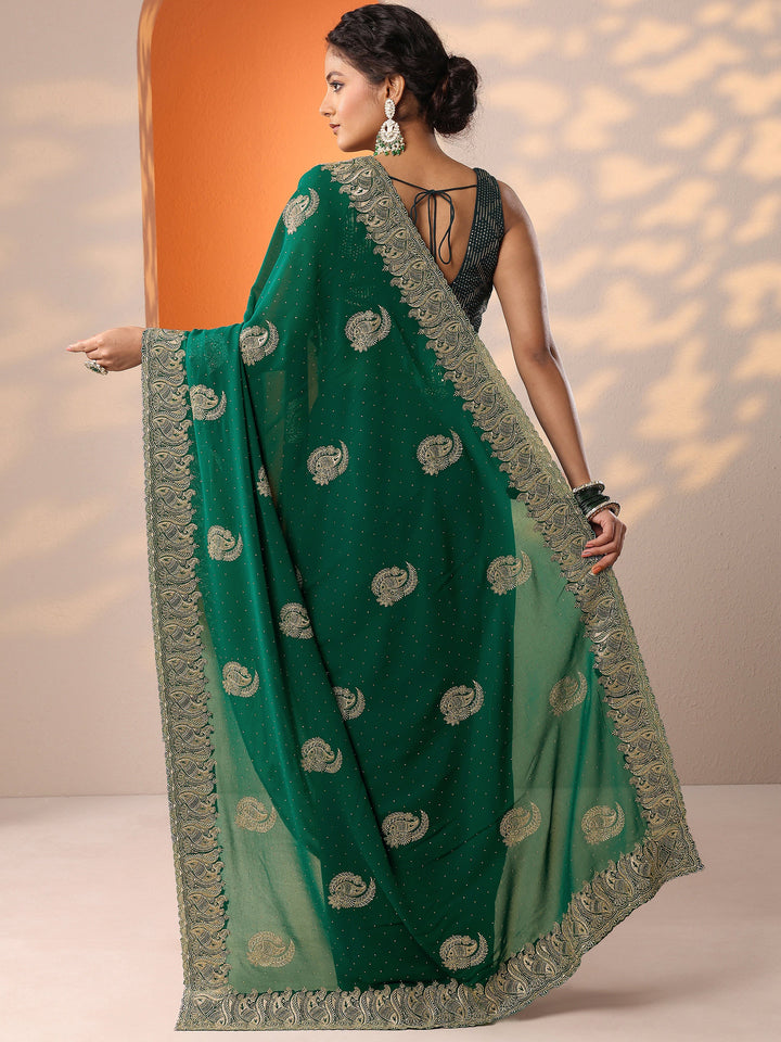 Green Embroidered Georgette Saree With Unstitched Blouse Piece