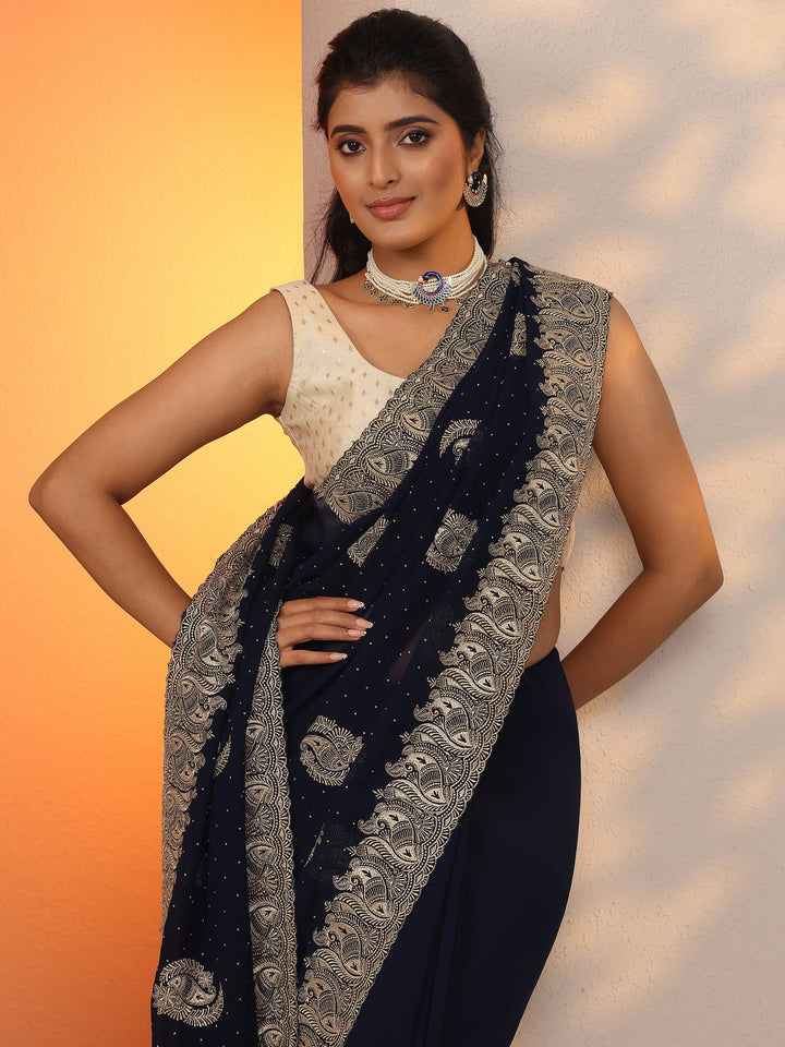 Navy Blue Embroidered Georgette Saree With Unstitched Blouse Piece