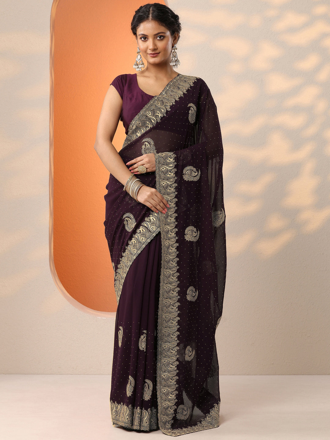 Burgundy Embroidered Georgette Saree With Unstitched Blouse Piece