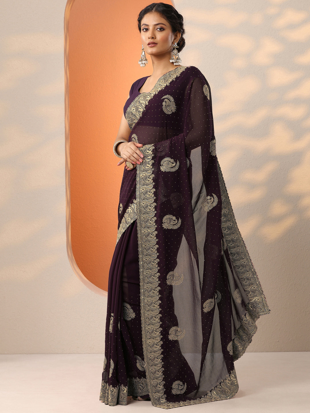 Burgundy Embroidered Georgette Saree With Unstitched Blouse Piece