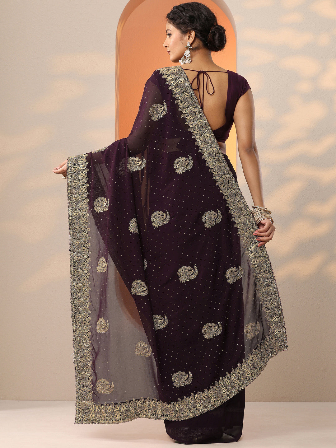 Burgundy Embroidered Georgette Saree With Unstitched Blouse Piece