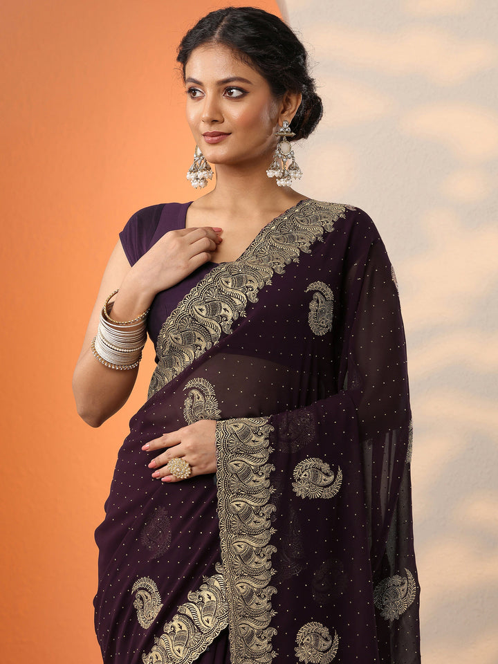 Burgundy Embroidered Georgette Saree With Unstitched Blouse Piece