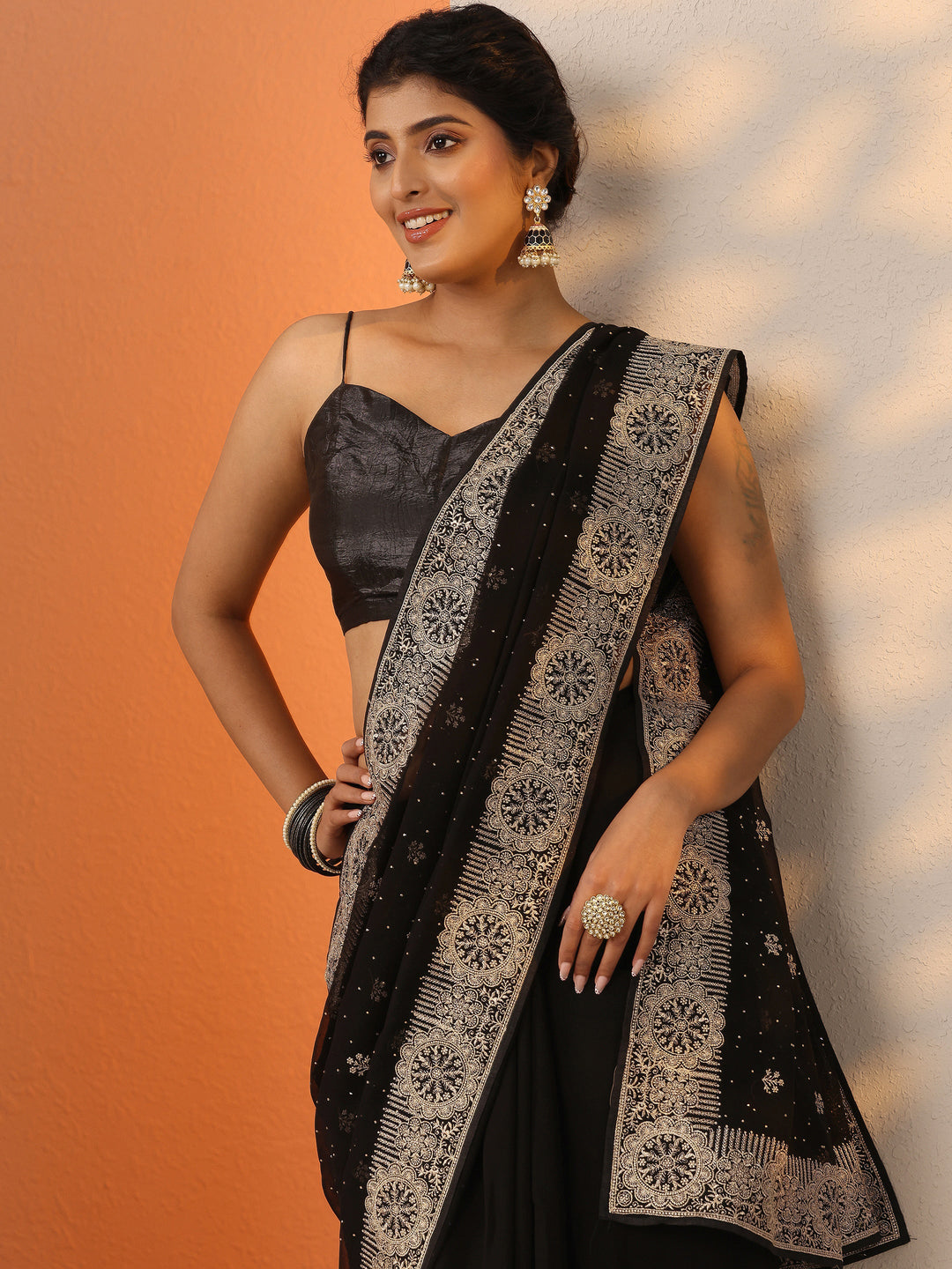 Black Embroidered Georgette Saree With Unstitched Blouse Piece