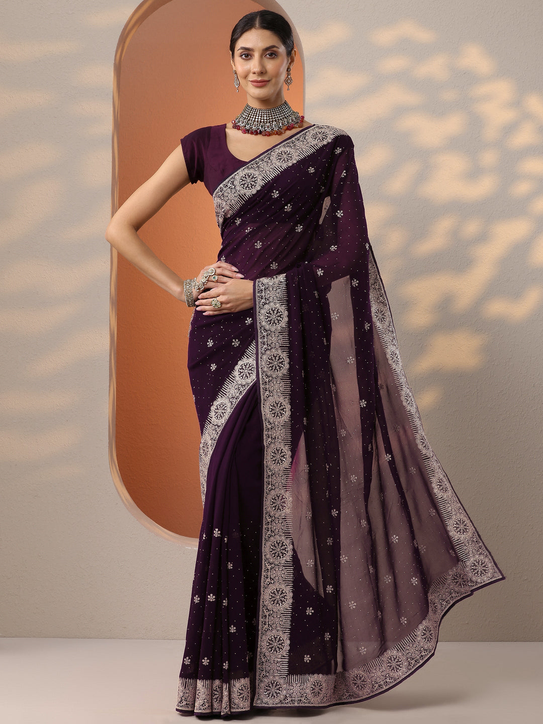 Burgundy Embroidered Georgette Saree With Unstitched Blouse Piece