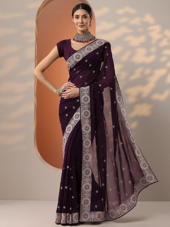 Burgundy Embroidered Georgette Saree With Unstitched Blouse Piece