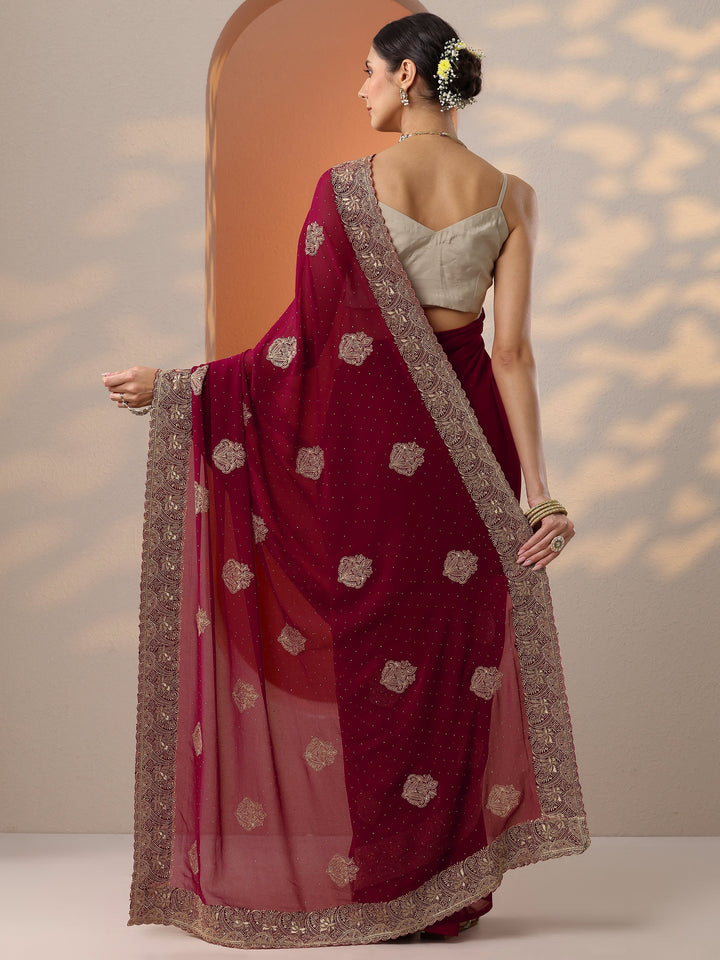 Red Embroidered Georgette Saree With Unstitched Blouse Piece