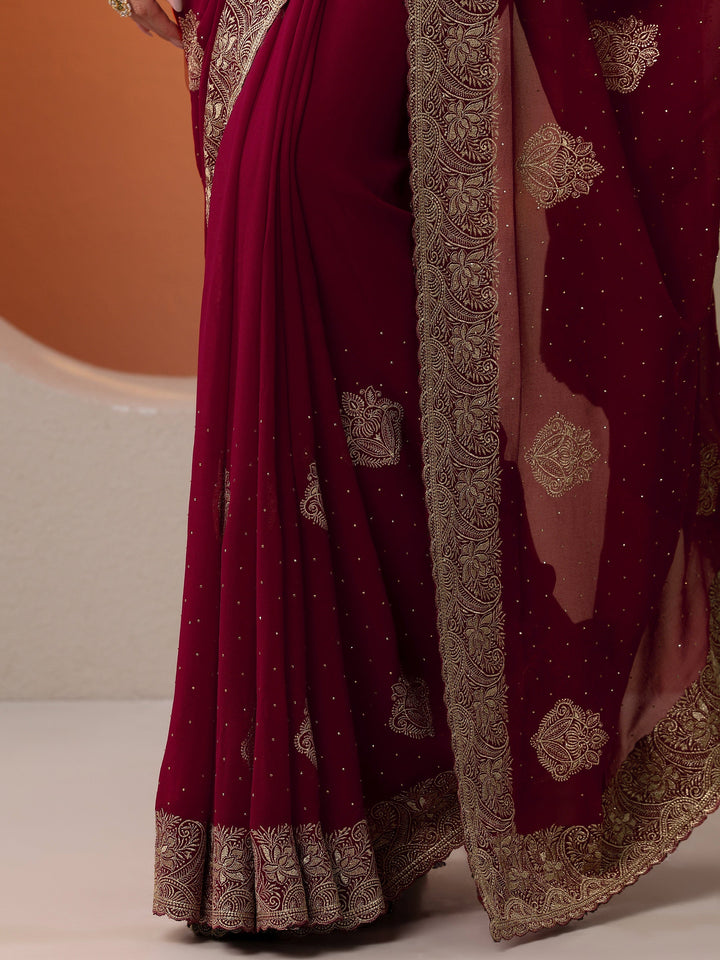 Red Embroidered Georgette Saree With Unstitched Blouse Piece