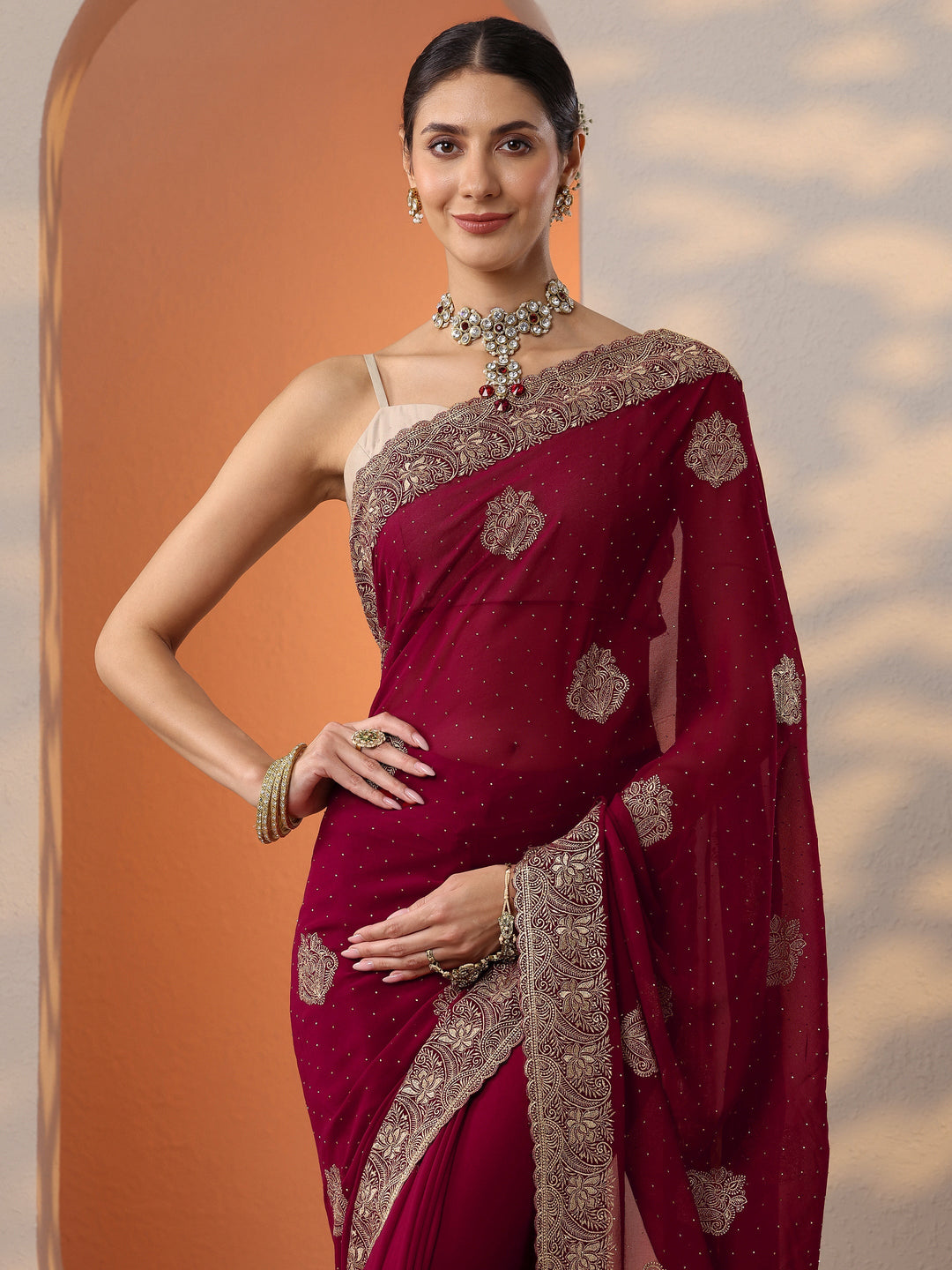 Red Embroidered Georgette Saree With Unstitched Blouse Piece