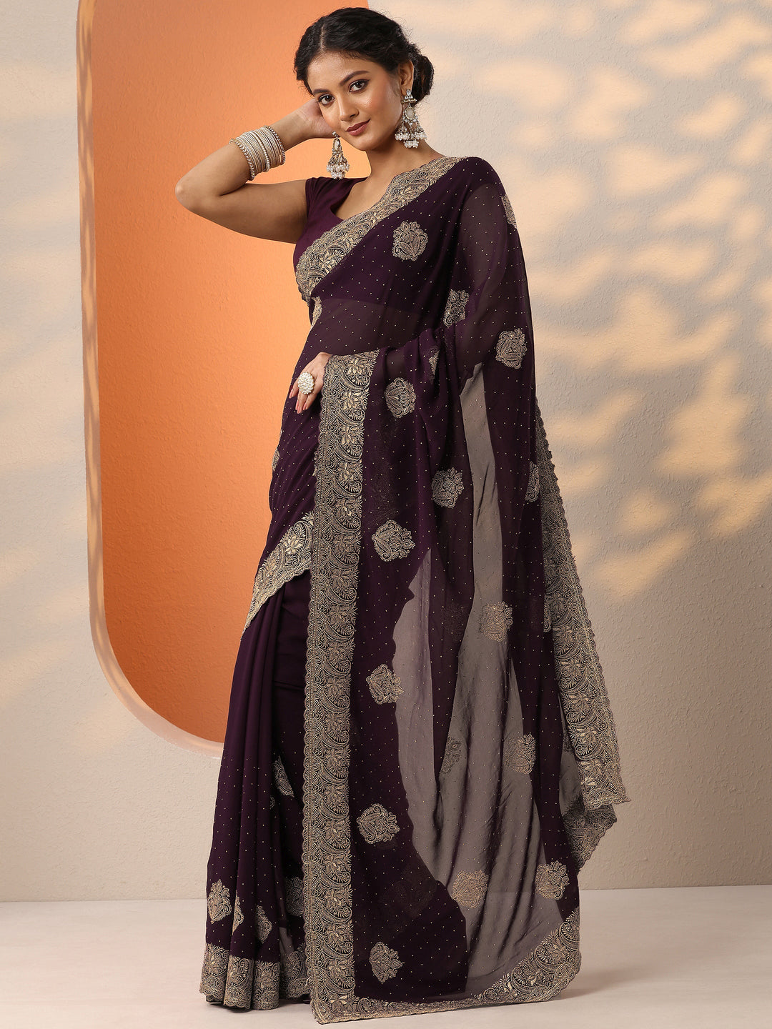 Burgundy Embroidered Georgette Saree With Unstitched Blouse Piece