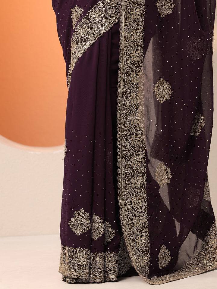 Burgundy Embroidered Georgette Saree With Unstitched Blouse Piece