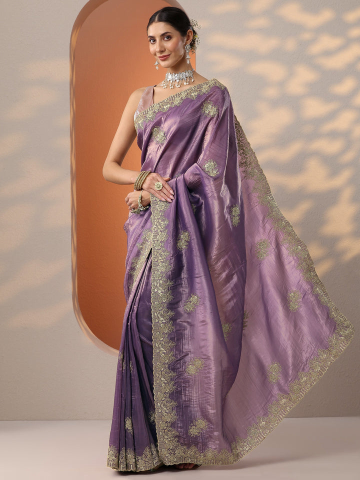 Purple Embroidered Organza Saree With Unstitched Blouse Piece