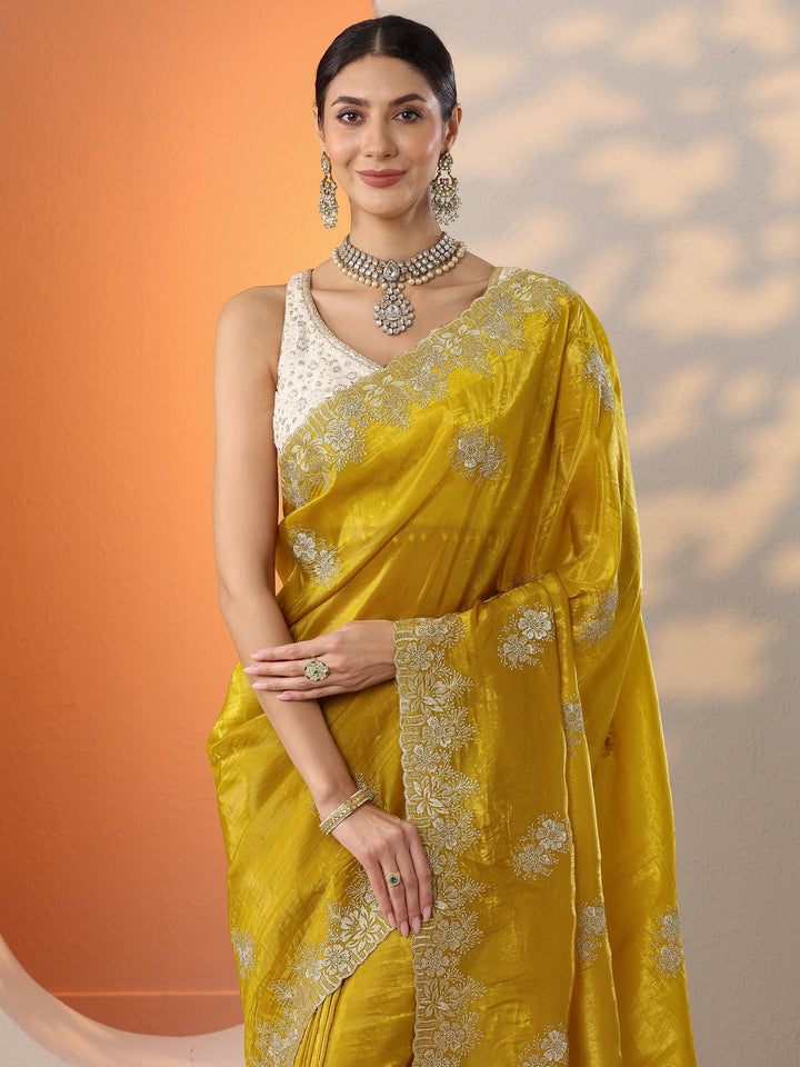 Mustard Embroidered Banarasi Organza Saree With Unstitched Blouse Piece