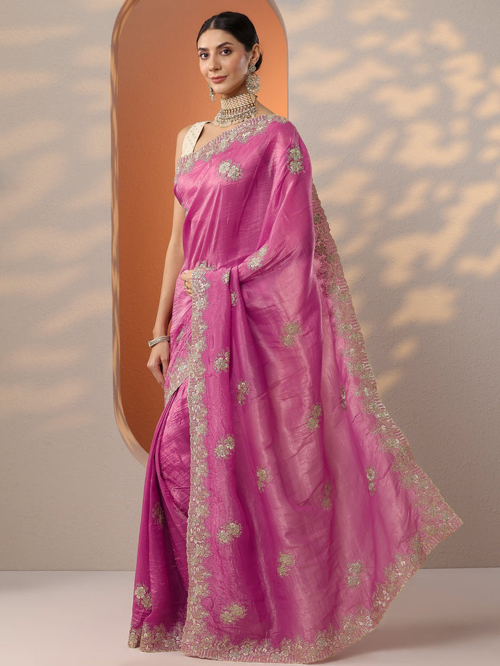 Pink Embroidered Organza Saree With Unstitched Blouse Piece