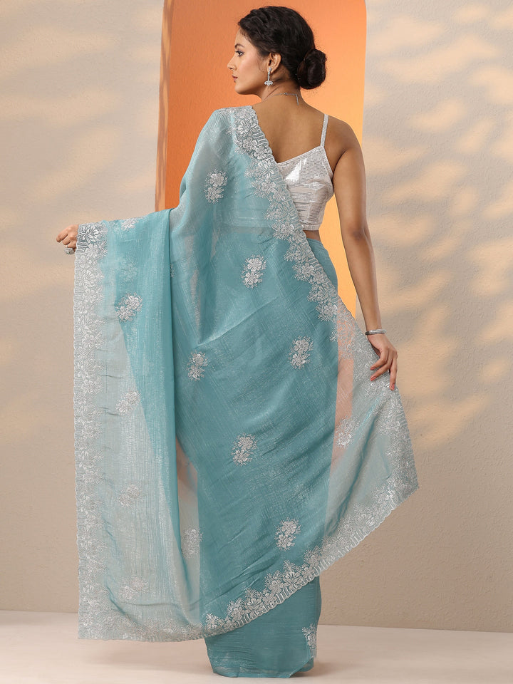 Blue Embroidered Organza Saree With Unstitched Blouse Piece