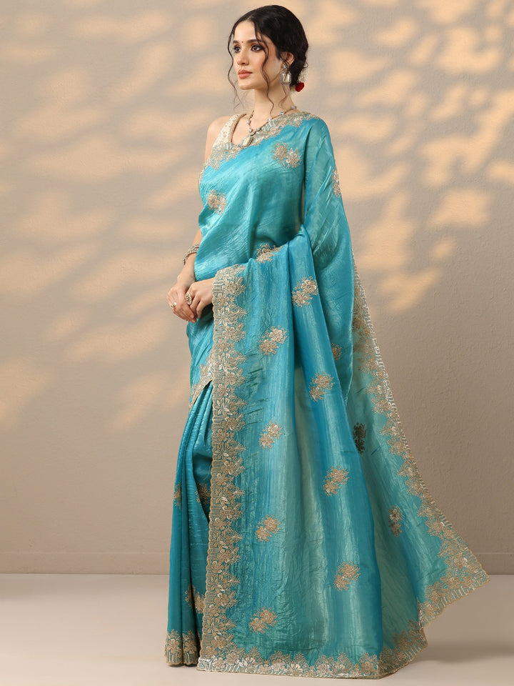 Blue Embroidered Organza Saree With Unstitched Blouse Piece