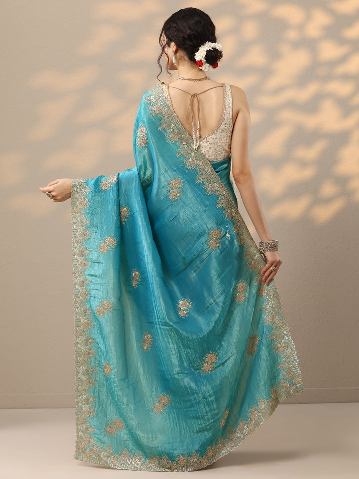 Blue Embroidered Organza Saree With Unstitched Blouse Piece