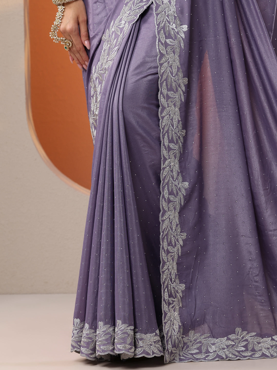 Lavender Embellished Chinon Saree With Unstitched Blouse Piece