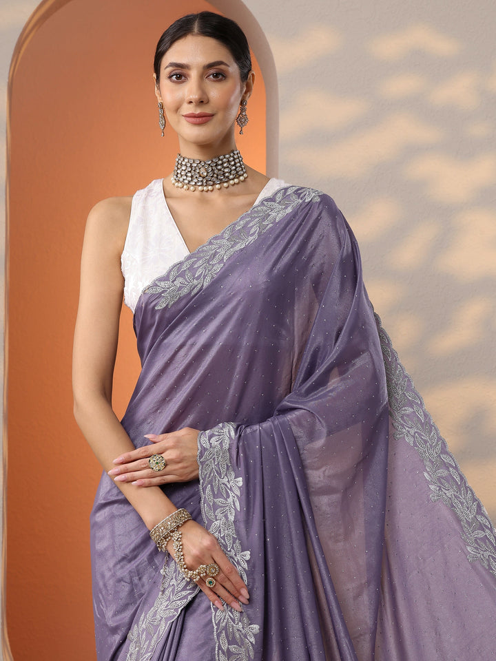 Lavender Embellished Chinon Saree With Unstitched Blouse Piece