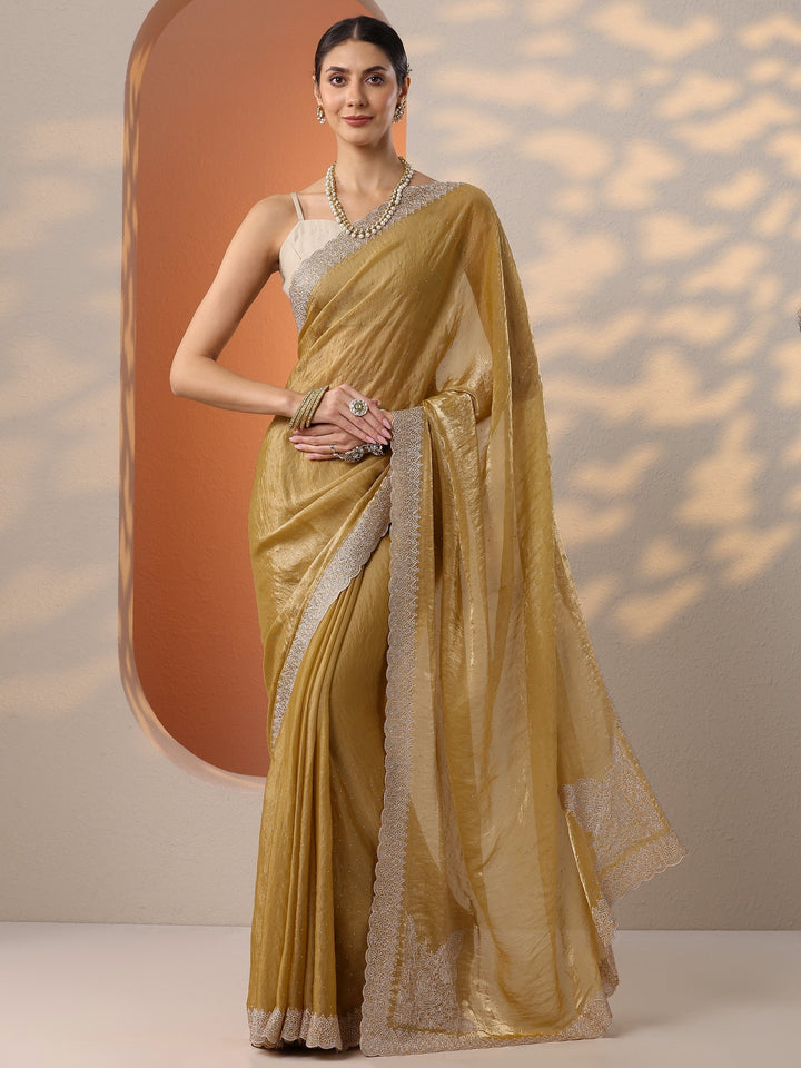 Mustard Embroidered Organza Saree With Unstitched Blouse Piece