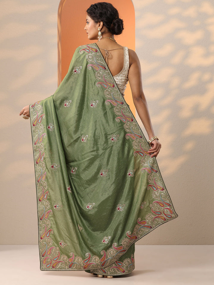 Green Embroidered Chinon Saree With Unstitched Blouse Piece