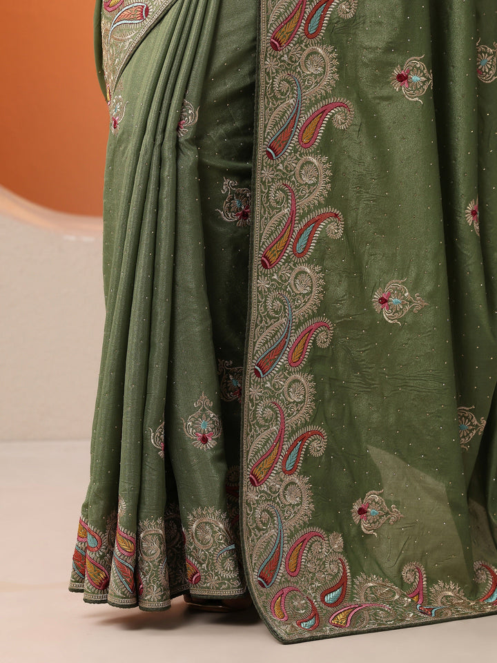 Green Embroidered Chinon Saree With Unstitched Blouse Piece