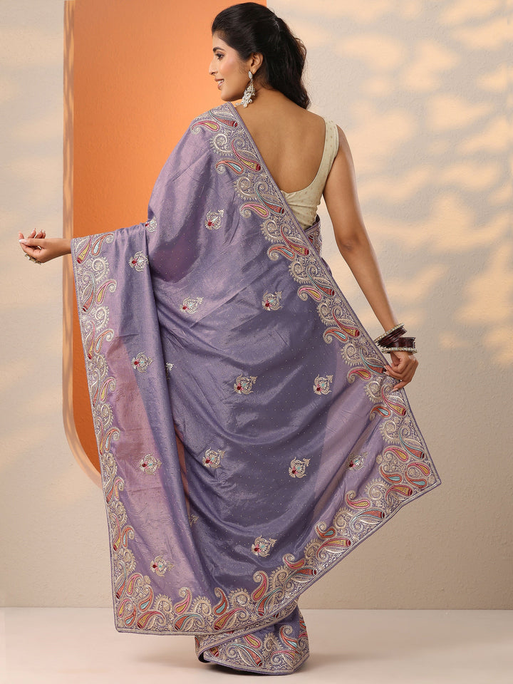 Lavender Embroidered Chinon Saree With Unstitched Blouse Piece