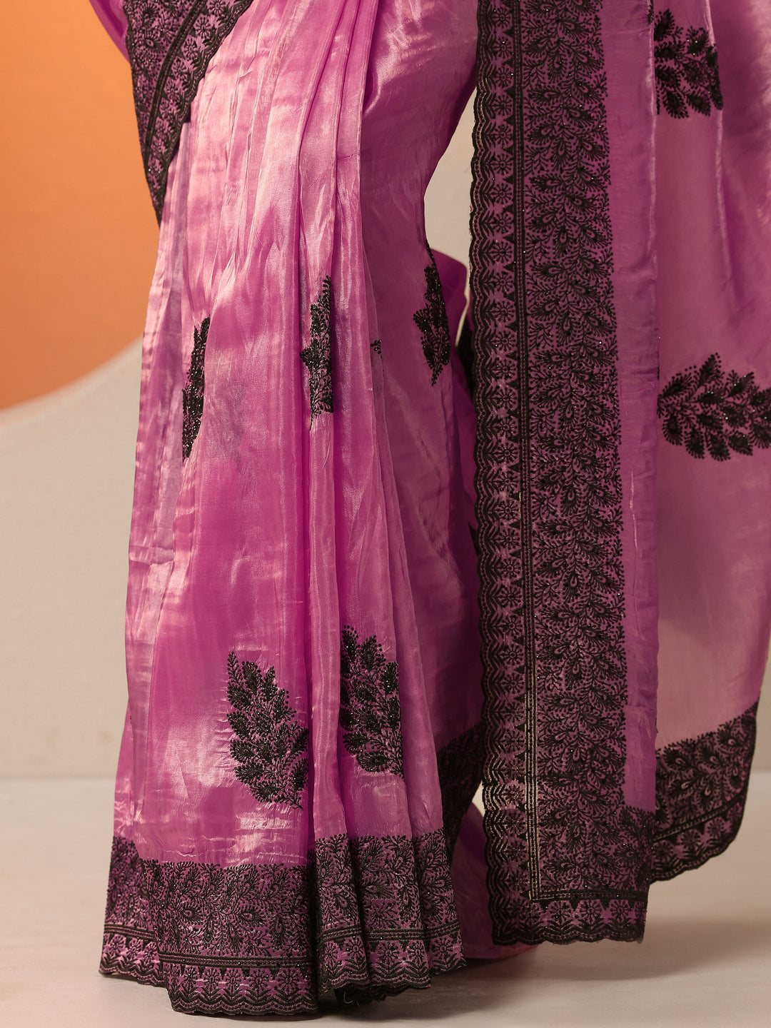 Pink Embellished Organza Saree With Unstitched Blouse Piece