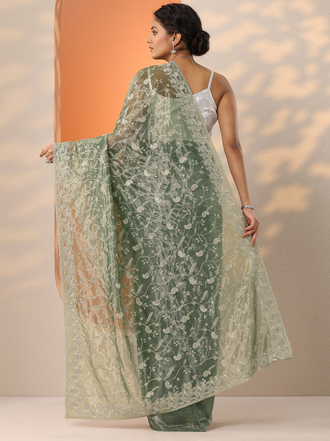 Green Embellished Nylon Saree With Unstitched Blouse Piece