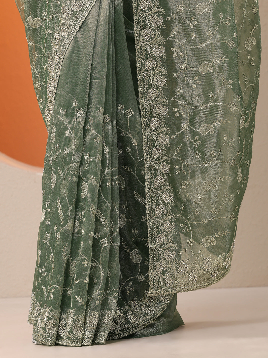 Green Embellished Nylon Saree With Unstitched Blouse Piece
