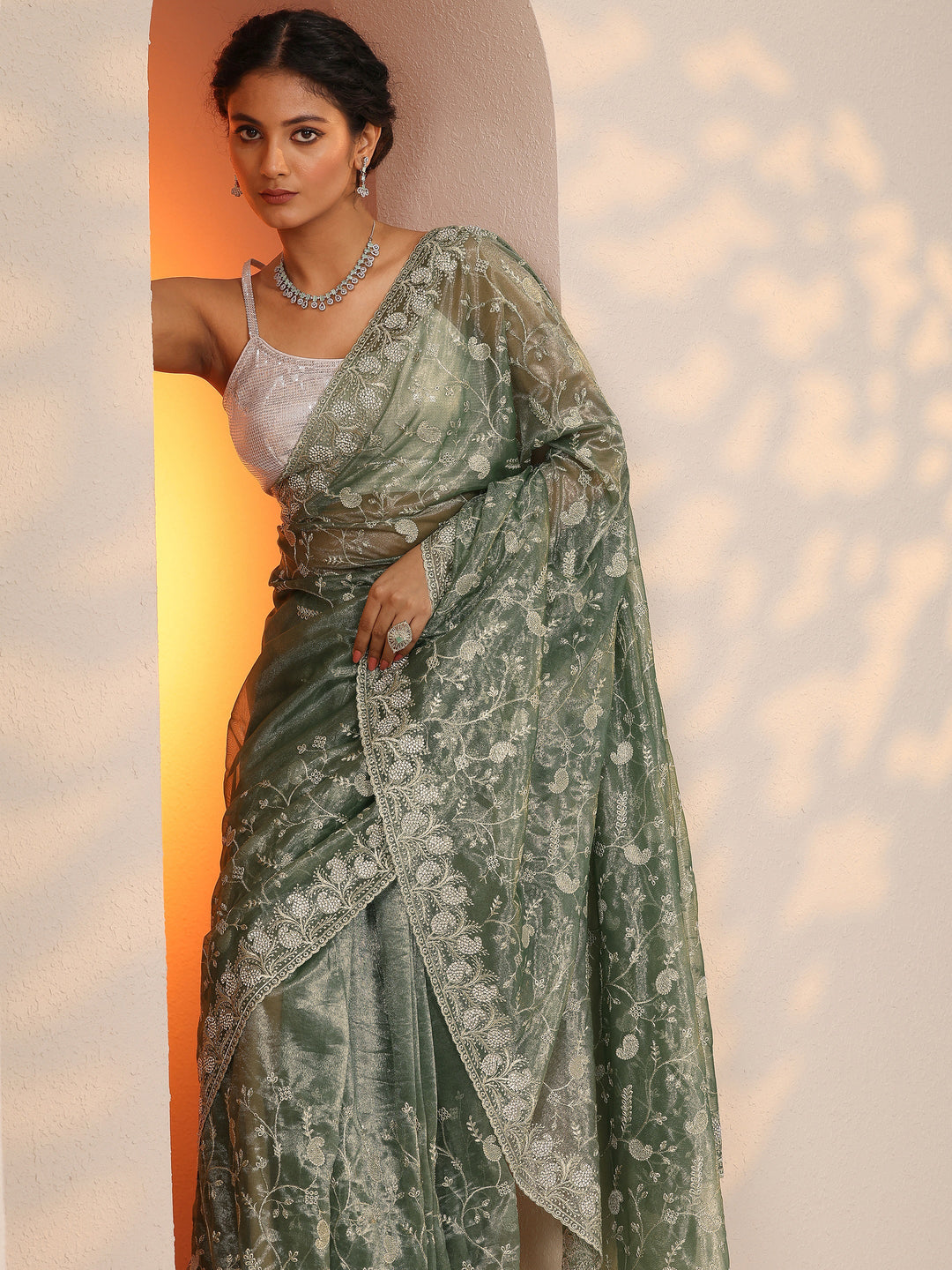 Green Embellished Nylon Saree With Unstitched Blouse Piece