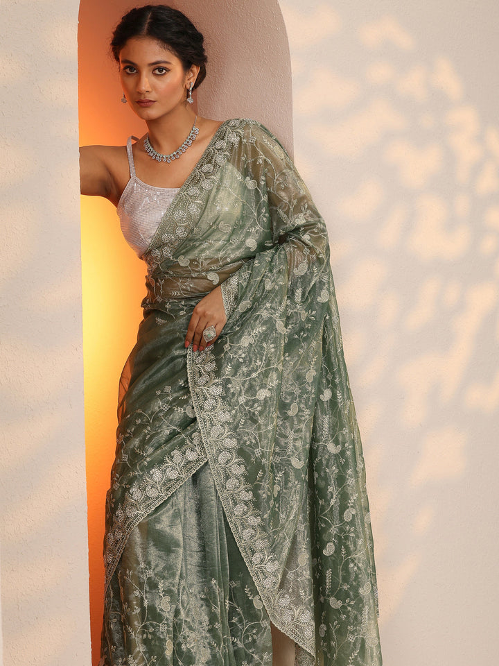 Green Embellished Nylon Saree With Unstitched Blouse Piece