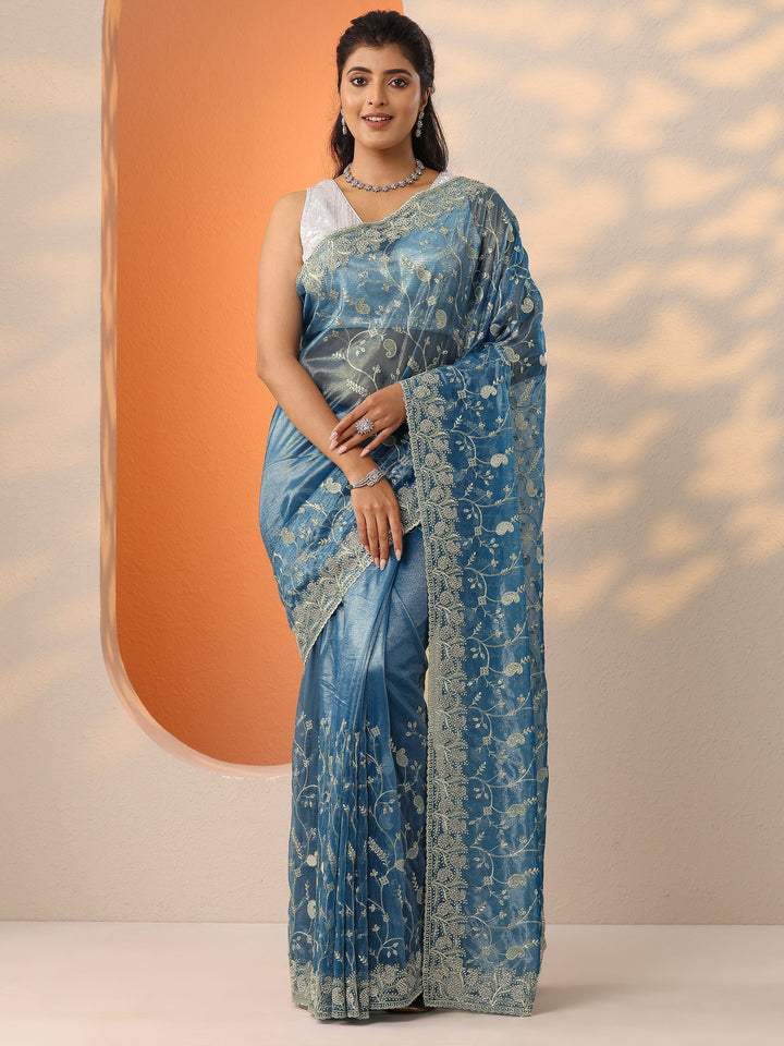 Blue Embellished Banarasi Nylon Saree With Unstitched Blouse Piece